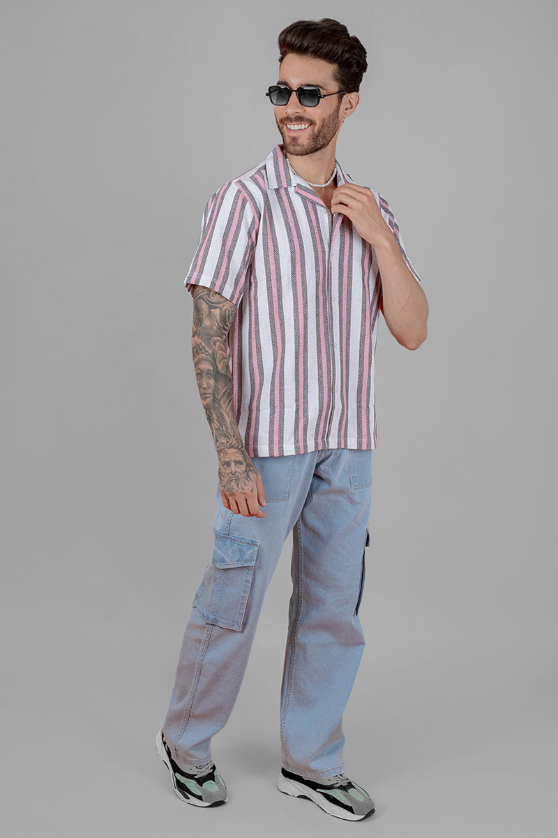 Men's Cuban Collar Shirt - Pink Stripes