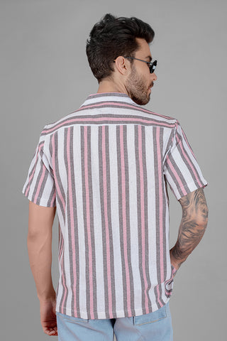 Men's Cuban Collar Shirt - Pink Stripes