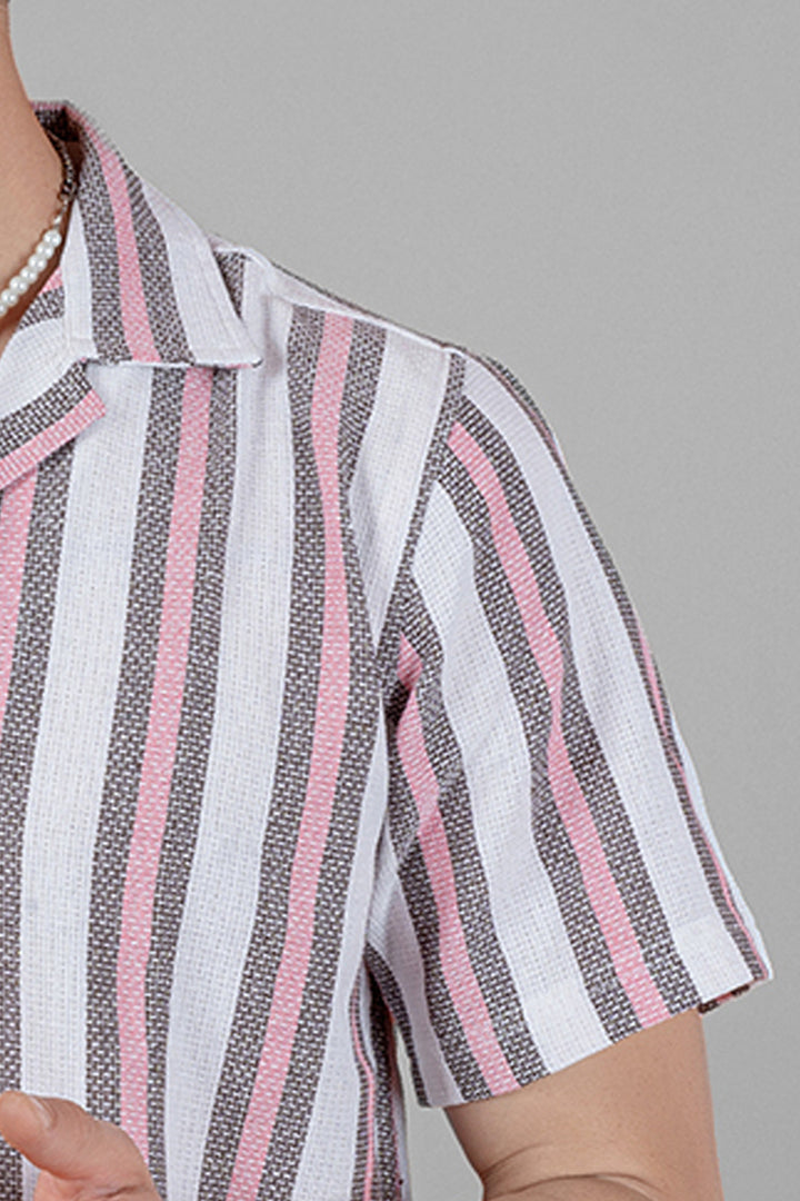 Men's Cuban Collar Shirt - Pink Stripes