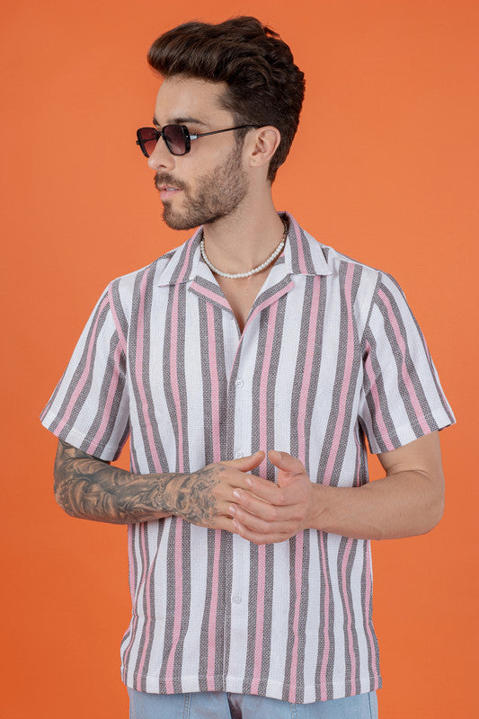 Men's Regular Fit Cuban Collar Shirt - Pink Stripes - Half Sleeves