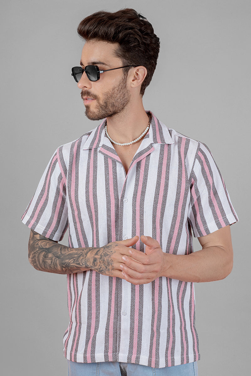 Men's Cuban Collar Shirt - Pink Stripes