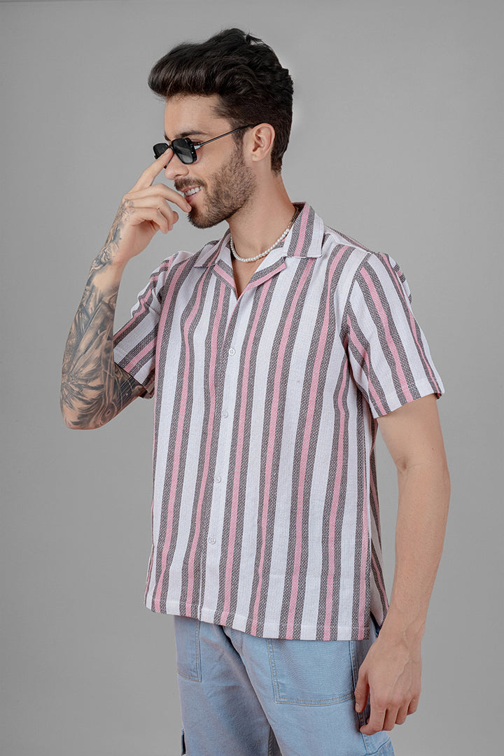 Men's Cuban Collar Shirt - Pink Stripes