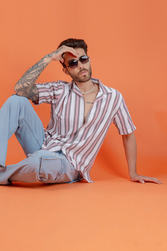 Men's Cuban Collar Shirt - Pink Stripes