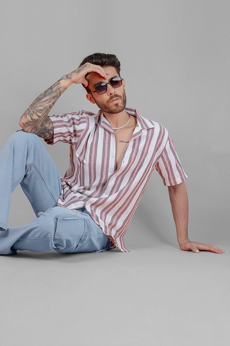 Men's Cuban Collar Shirt - Pink Stripes