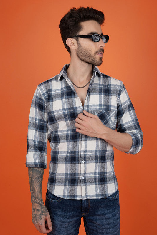 Men's Regular Fit Full Sleeve Cotton Shirt with Blue Check Pattern - Casual & Party Wear