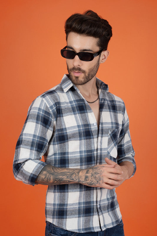 Men's Regular Fit Full Sleeve Cotton Shirt with Blue Check Pattern - Casual & Party Wear