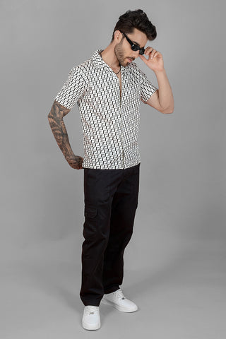 Regular Fit White Geometric Print Cuban Collar Shirt