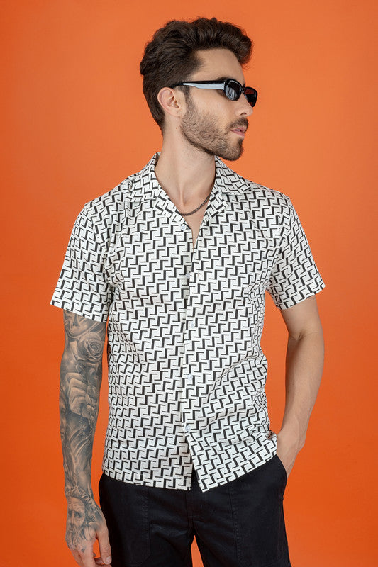 Men's Regular Fit Cuban Collar Cotton Shirt - White Geometric Print