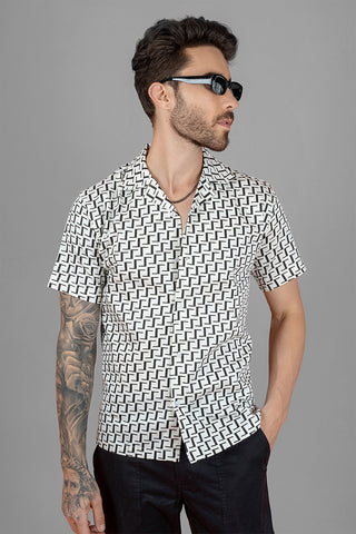 Regular Fit White Geometric Print Cuban Collar Shirt