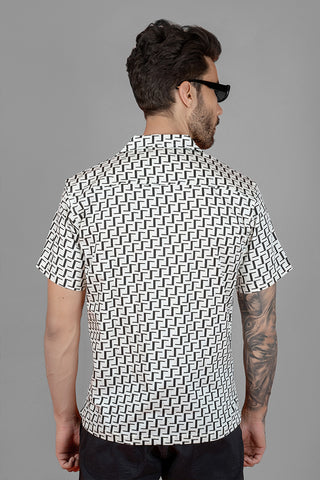 Regular Fit White Geometric Print Cuban Collar Shirt