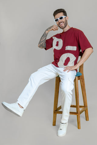 Men's Oversized Maroon T-Shirt - Patched