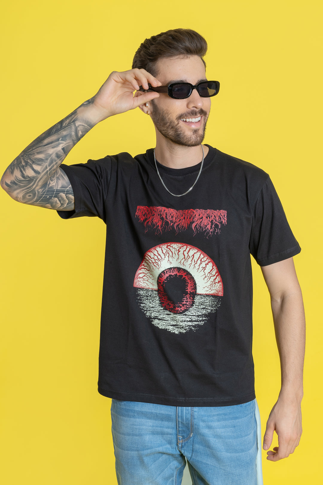 Men's Black Cotton T-Shirt - Regular Fit, Printed, Round Neck