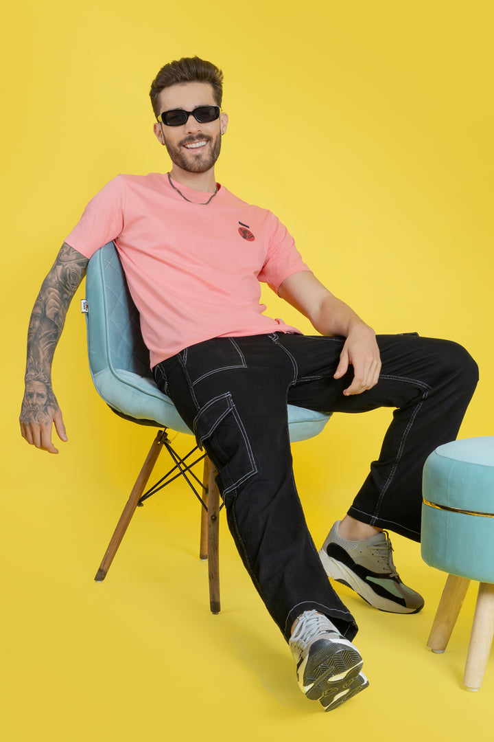 Men's Printed Salmon Pink T-Shirt - Regular Fit
