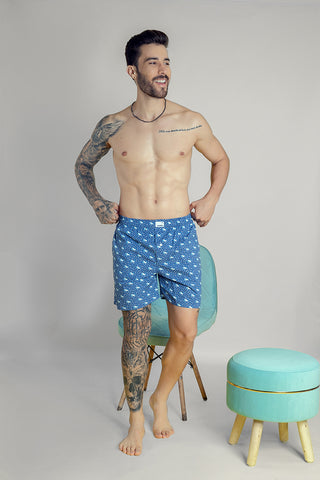 Men's Blue Cotton Boxers - Printed