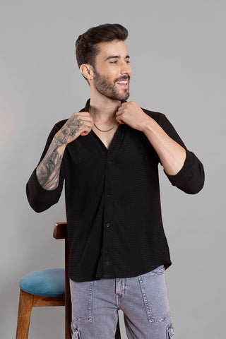 Regular Fit Full Sleeve Solid Black Men's Shirt - Ban Collar