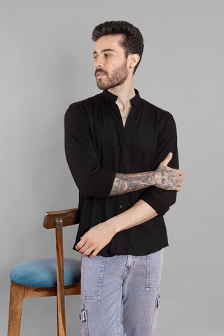 Regular Fit Full Sleeve Solid Black Men's Shirt - Ban Collar