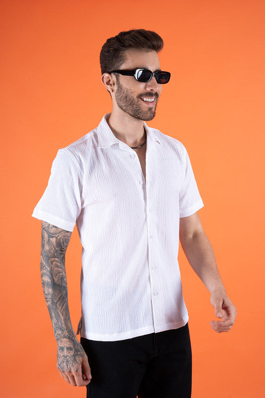 Men's White Cuban Collar Shirt - Regular Fit