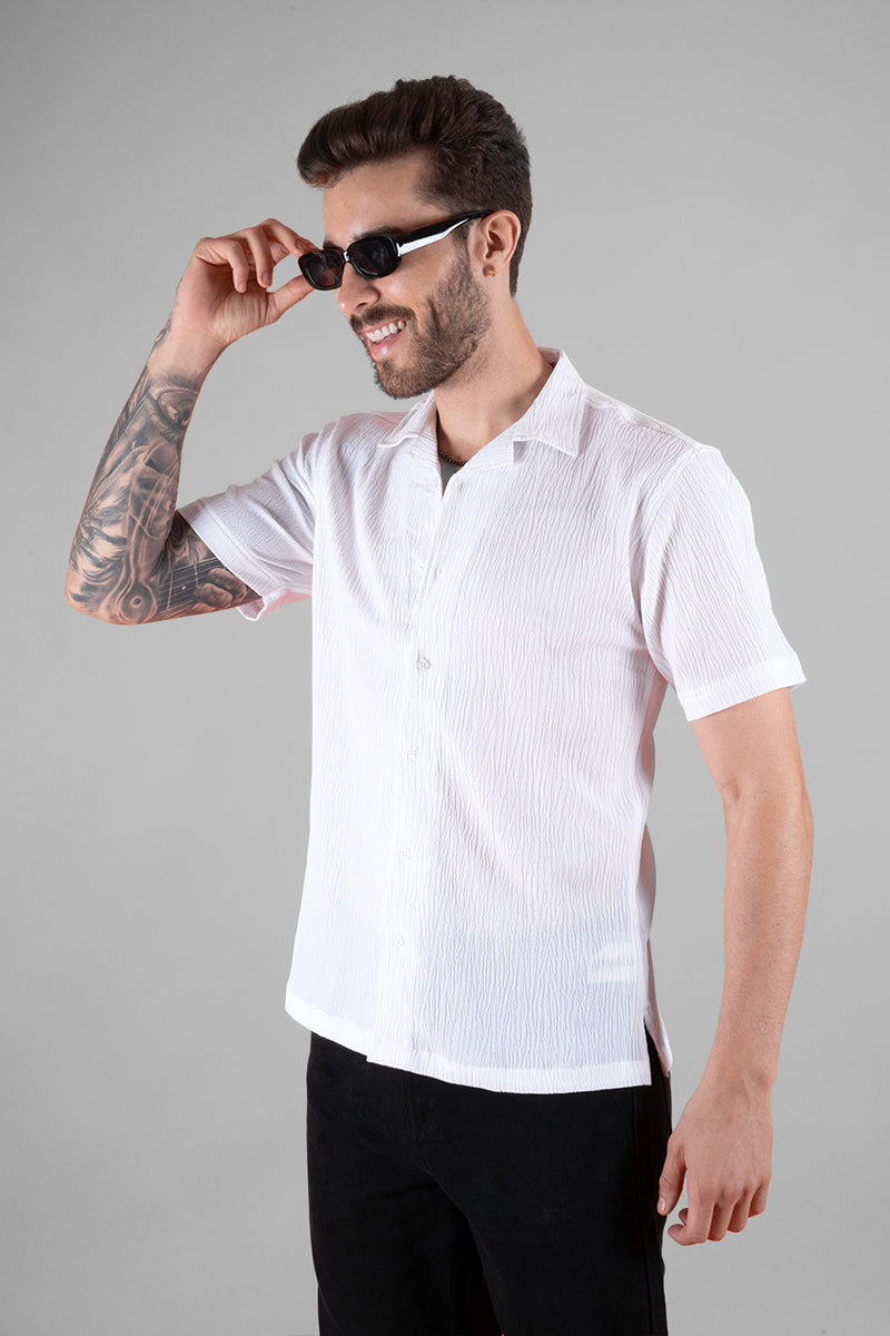 Men's White Cuban Collar Shirt - Regular Fit