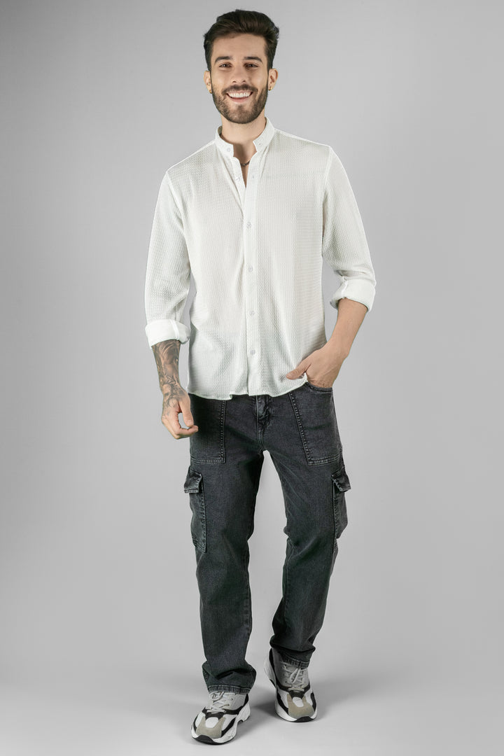 Men's White Cotton Shirt - Regular Fit, Ban Collar