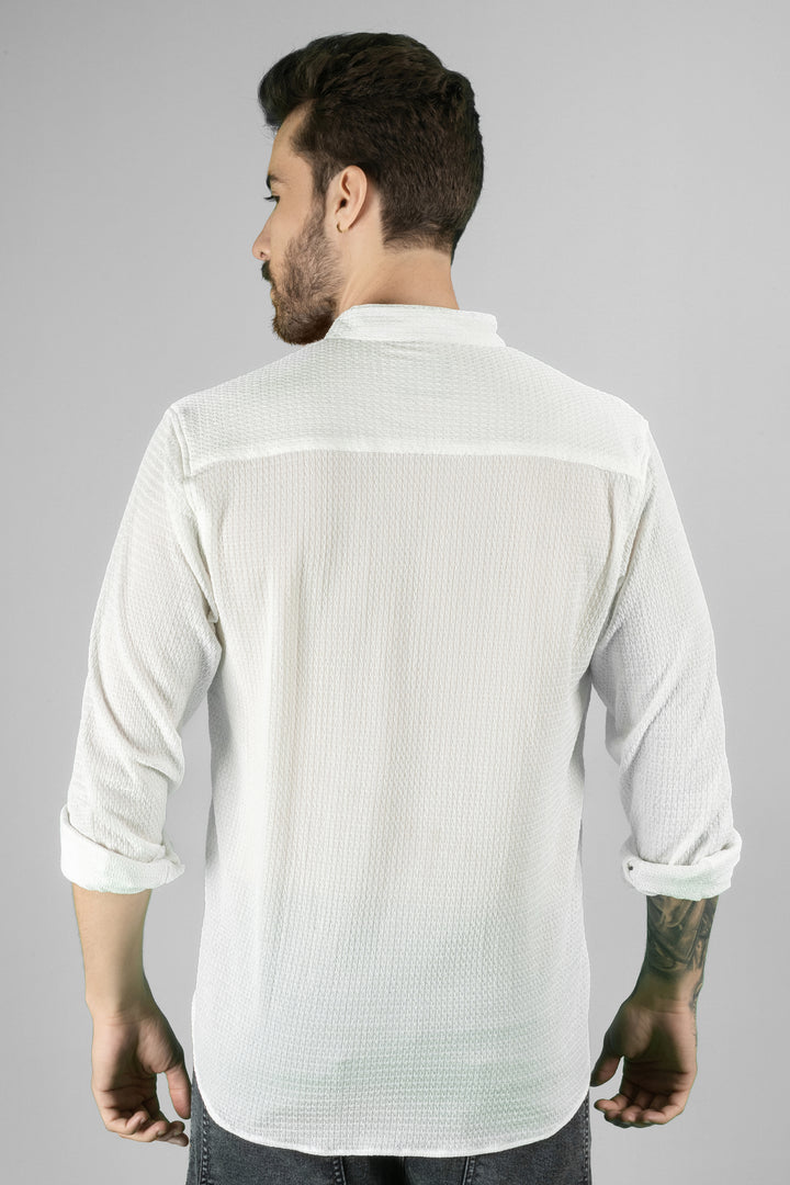 Men's White Cotton Shirt - Regular Fit, Ban Collar