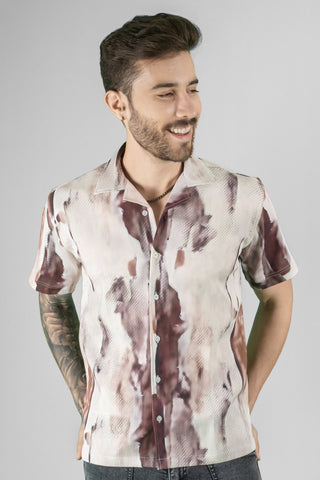 Regular Fit Brown Printed Men's Shirt - Cuban Collar