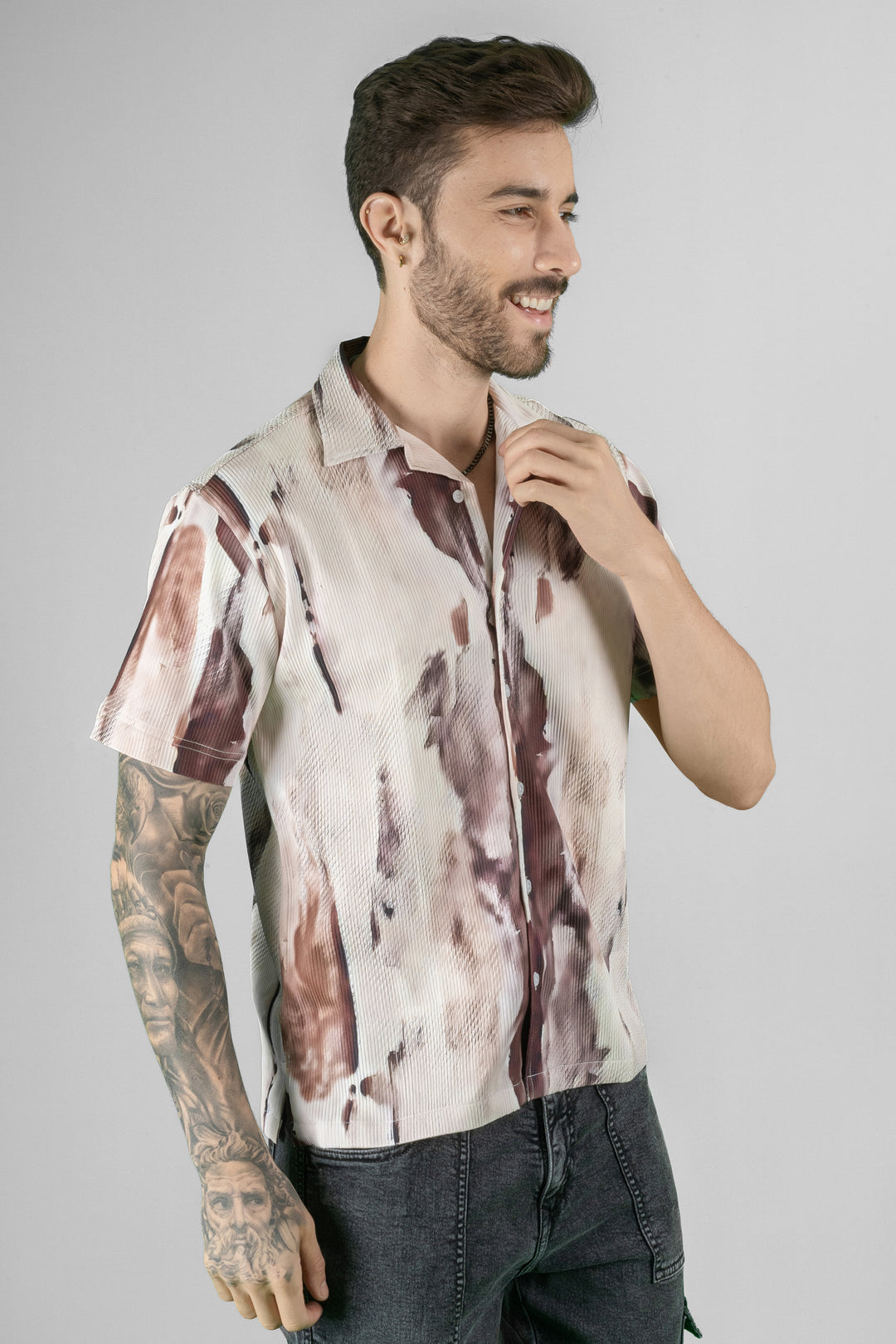 Brown Printed Men's Shirt - Cuban Collar
