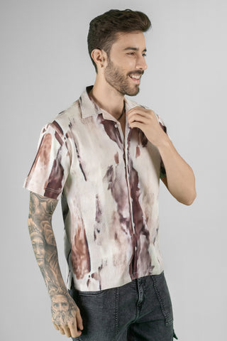 Regular Fit Brown Printed Men's Shirt - Cuban Collar