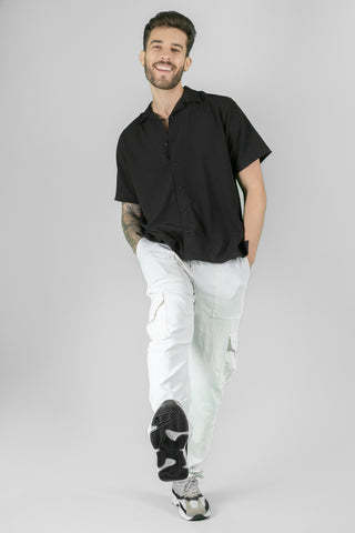 Cuban Collar Half Sleeve Plain Black Shirt