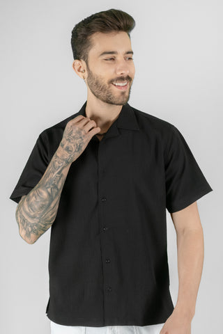 Cuban Collar Half Sleeve Plain Black Shirt