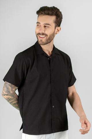 Cuban Collar Half Sleeve Plain Black Shirt