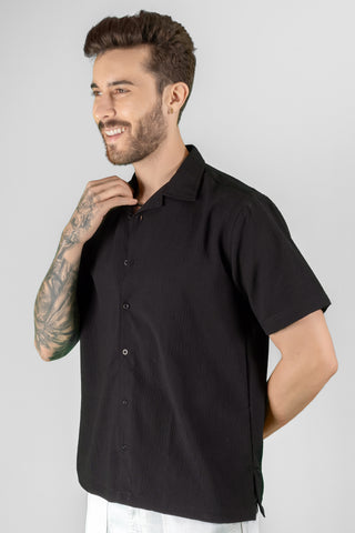 Cuban Collar Half Sleeve Plain Black Shirt