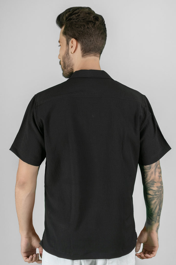 Men's Cuban Collar Black Shirt - Half Sleeve