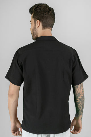 Cuban Collar Half Sleeve Plain Black Shirt