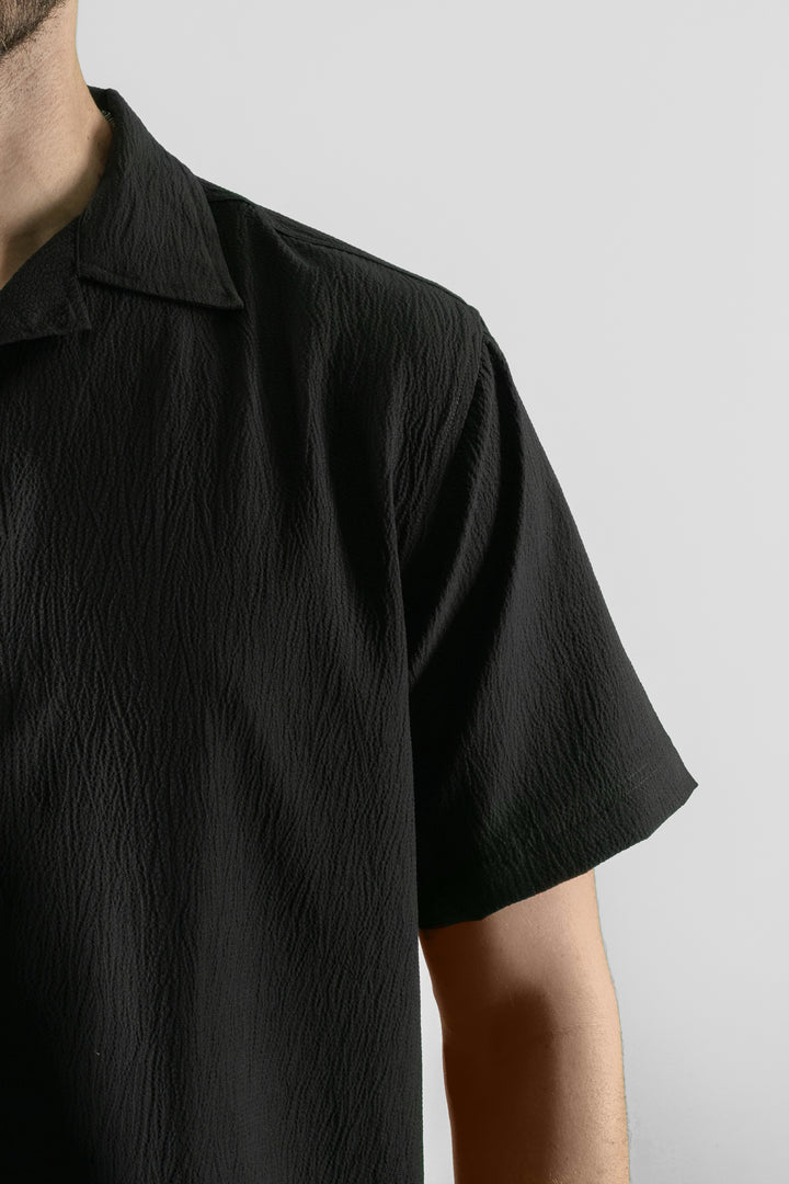 Men's Cuban Collar Black Shirt - Half Sleeve