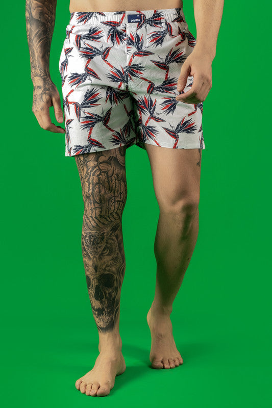 White men's boxers with printed design and elasticated waistband made of woven fabric.