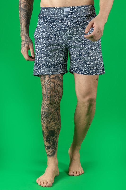 Blue men's boxers with printed design, cotton fabric, and elastic waistband.
