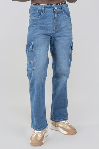 Men's Regular Fit Blue Cargo Denim Jeans