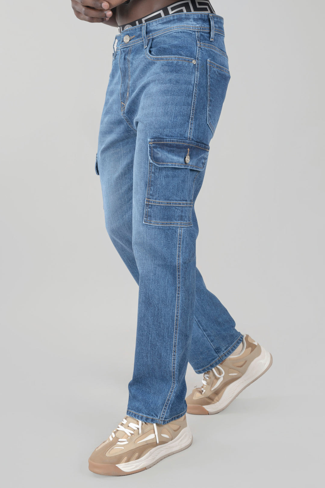 Men's Regular Fit Blue Cargo Denim Jeans