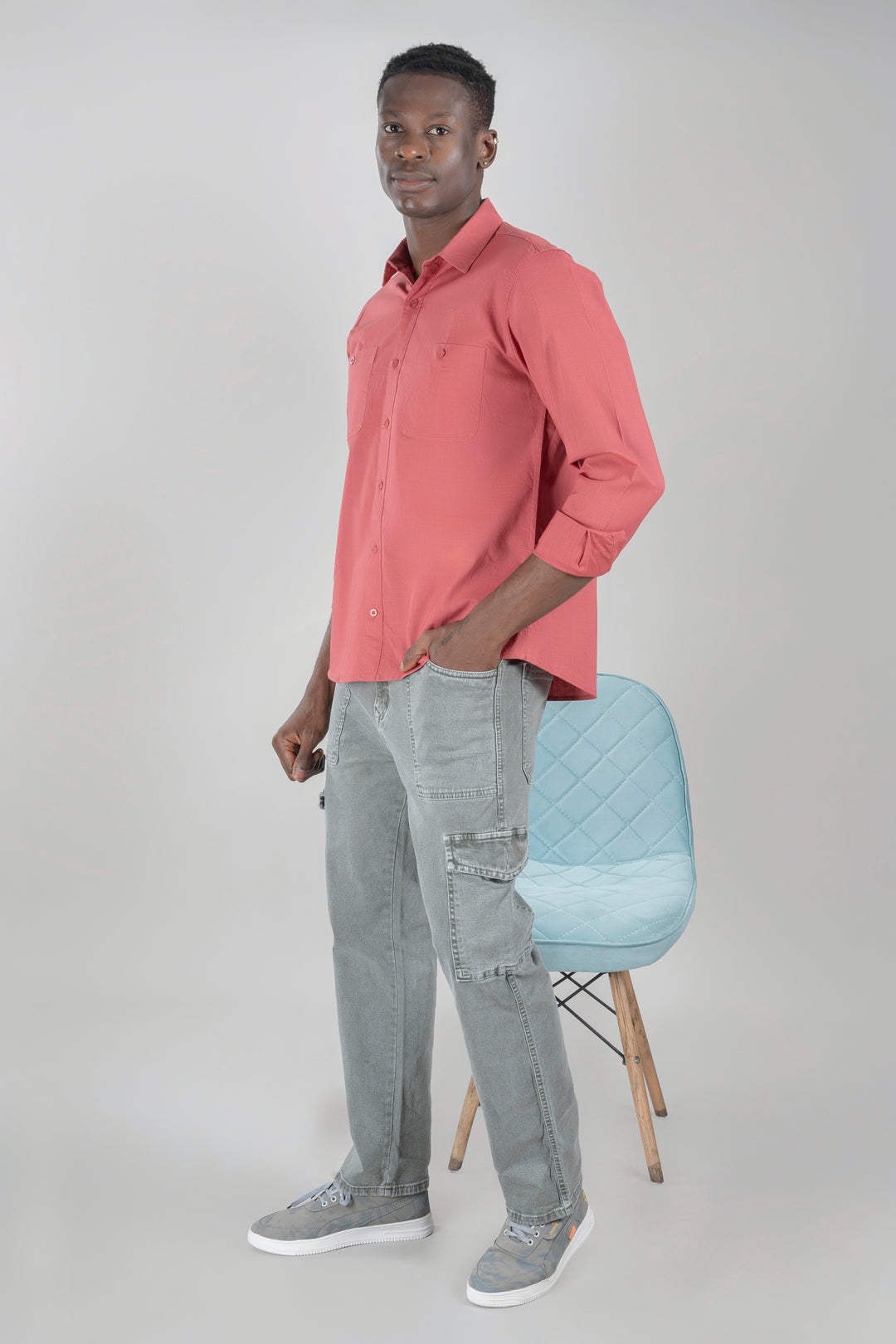 Solid Plain Red Cargo Shirt For Men - Main Image