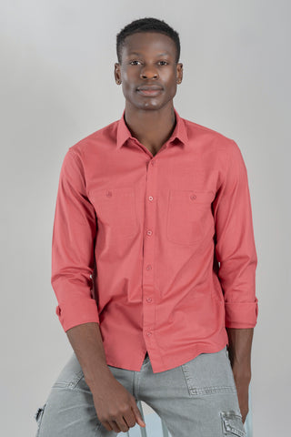 Solid Plain Red Cargo Shirt For Men