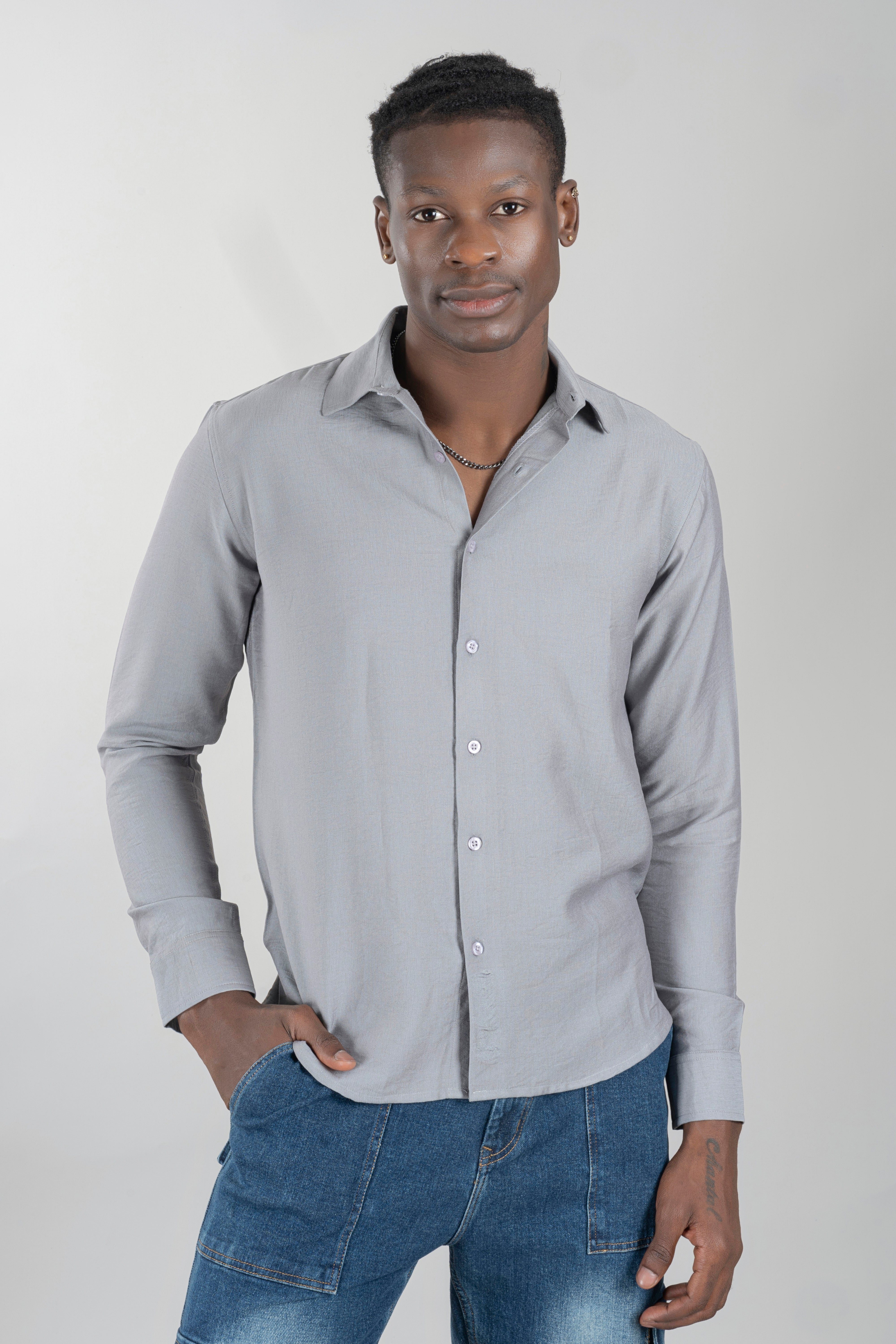 Men's Textured Full Sleeve Ash Grey Shirt