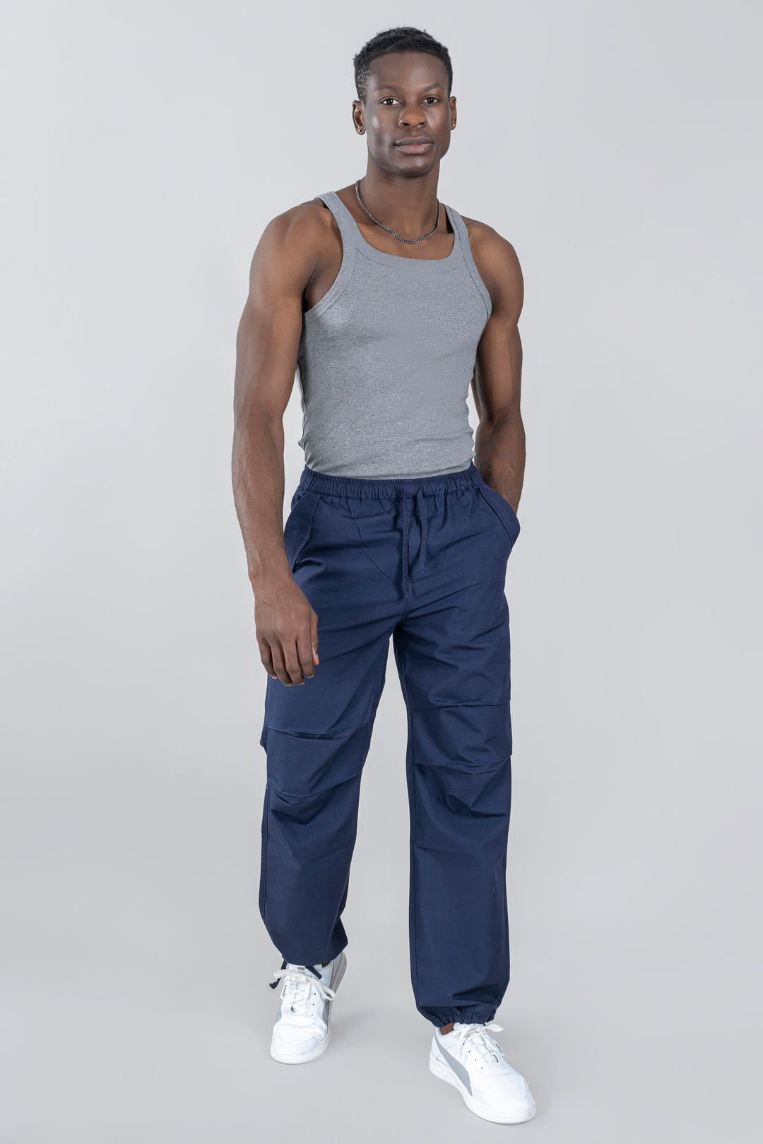 Navy Blue Parachute Pants For Men