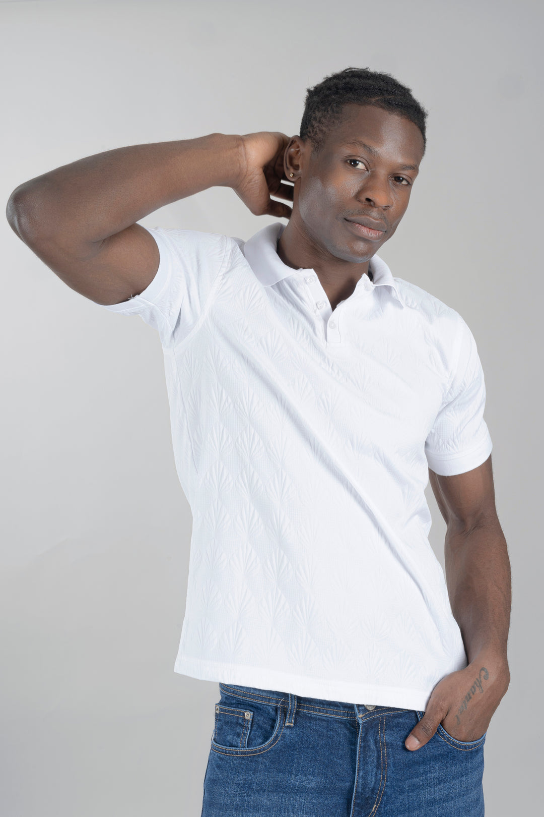 Men's Half Sleeve Self Pattern White Polo T-Shirt