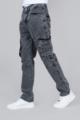 Dark Grey Denim Cargo Jeans For Men