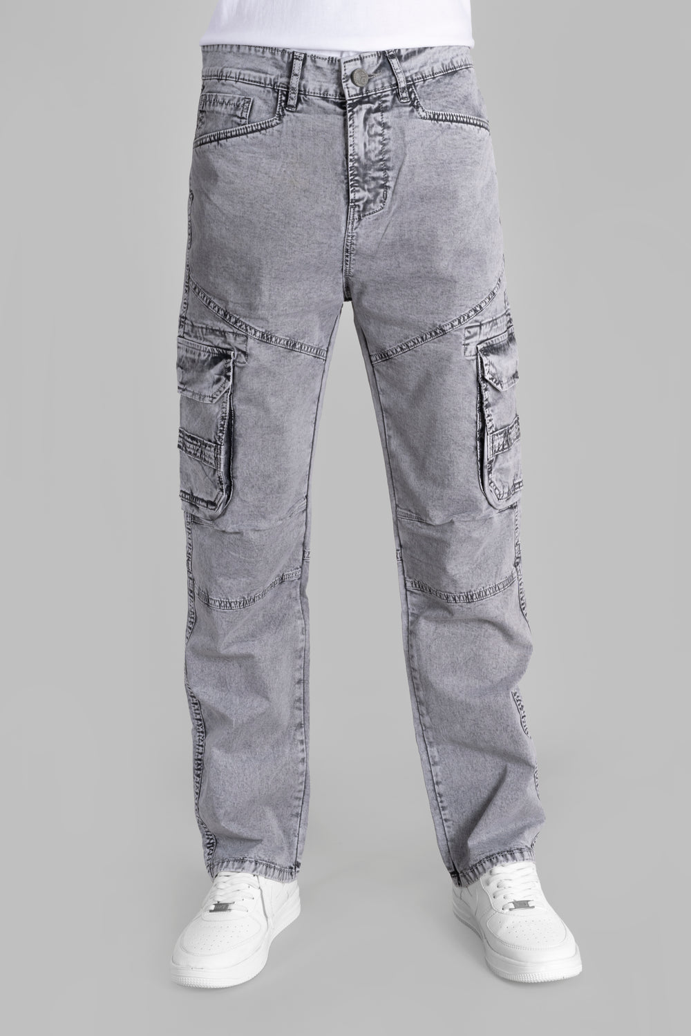Straight Fit Light Grey Denim Cargo Jeans