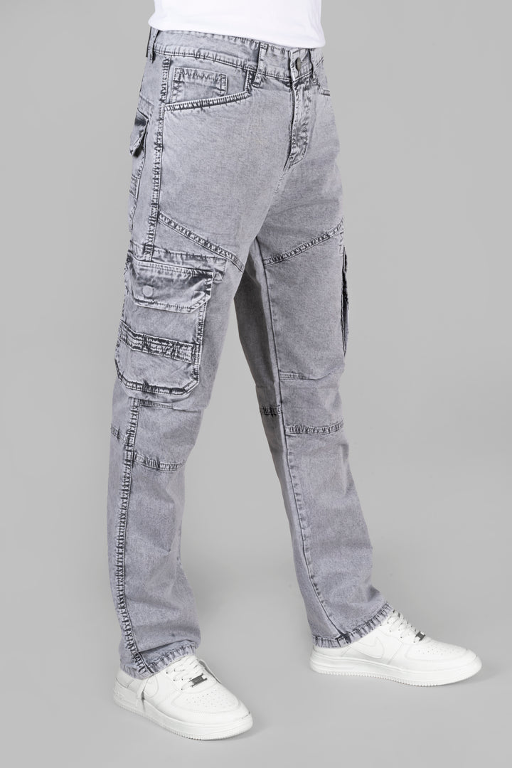 Regular Fit Light Grey Denim Cargo Jeans