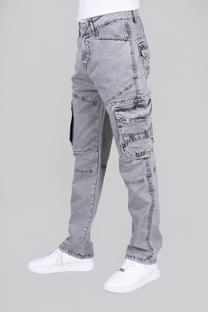 Regular Fit Light Grey Denim Cargo Jeans