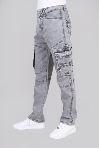 Straight Fit Light Grey Denim Cargo Jeans