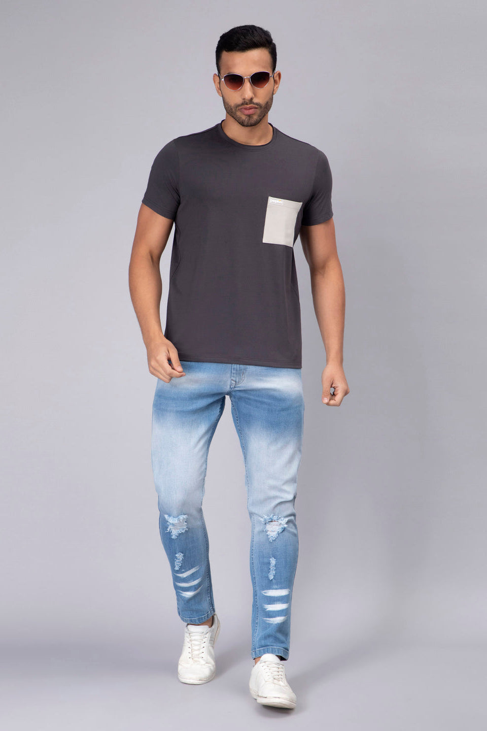 Men's Half-Sleeve Solid Cotton T-shirt with Pocket - Dark Grey