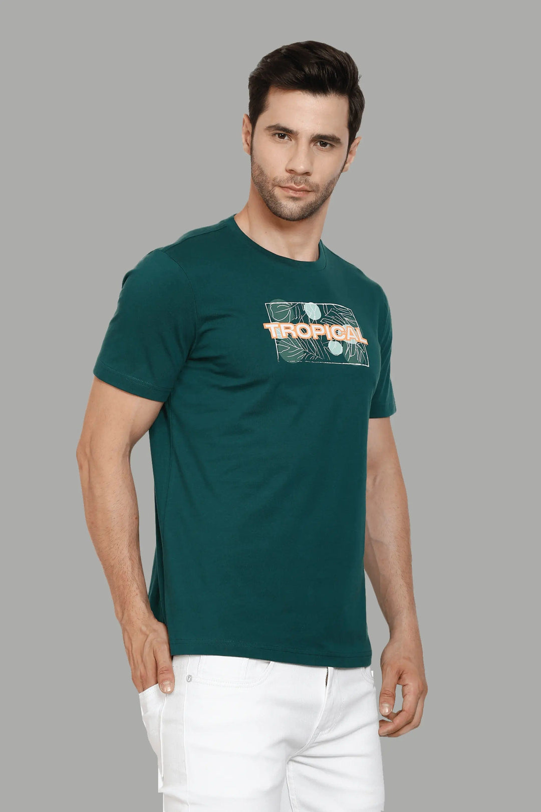 Regular Fit Green Cotton Tropical Printed Round Neck Men's T-Shirt - Peplos Jeans 